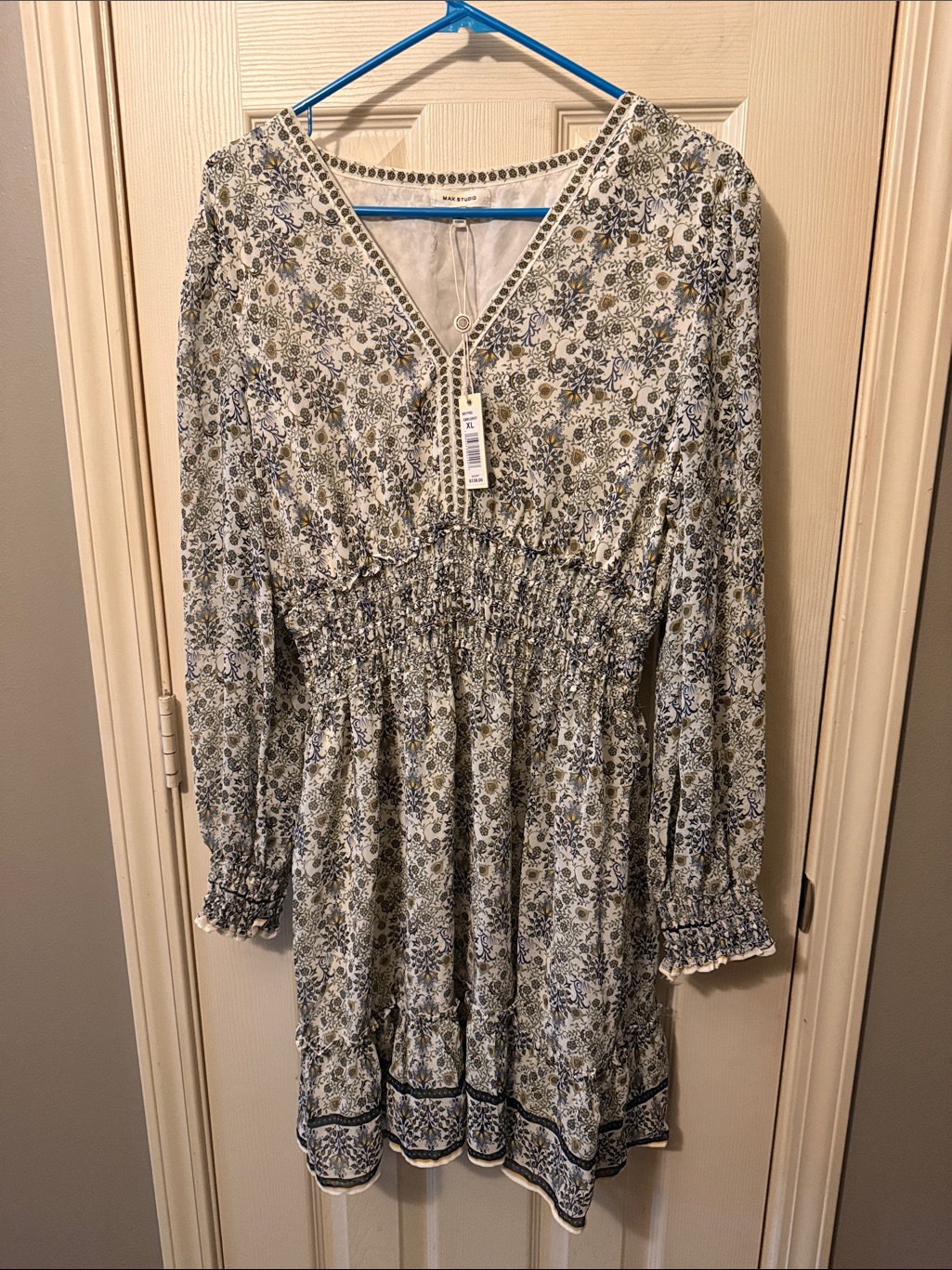 Max Studio Cream Floral Midi Dress With Blue And Olive Print